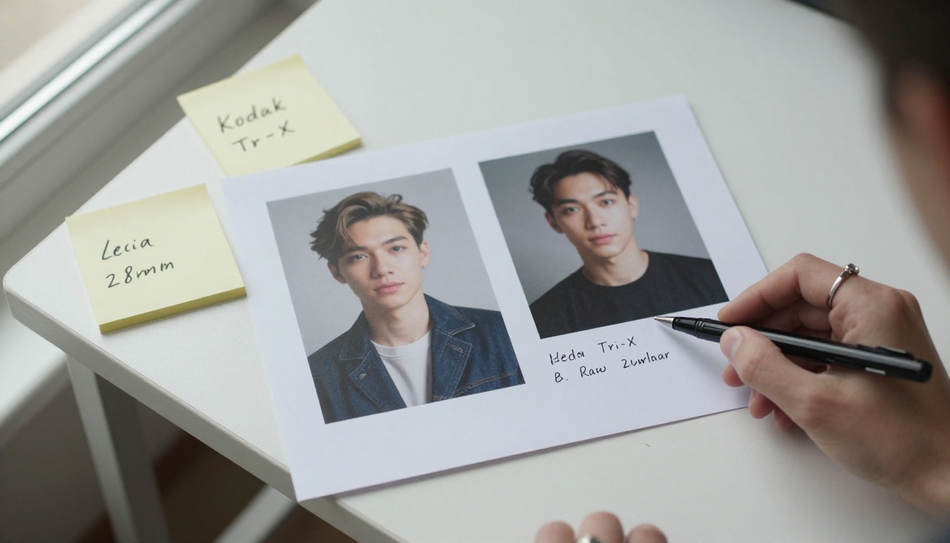 Printed AI image comparison sheets with sticky notes on birch desk
