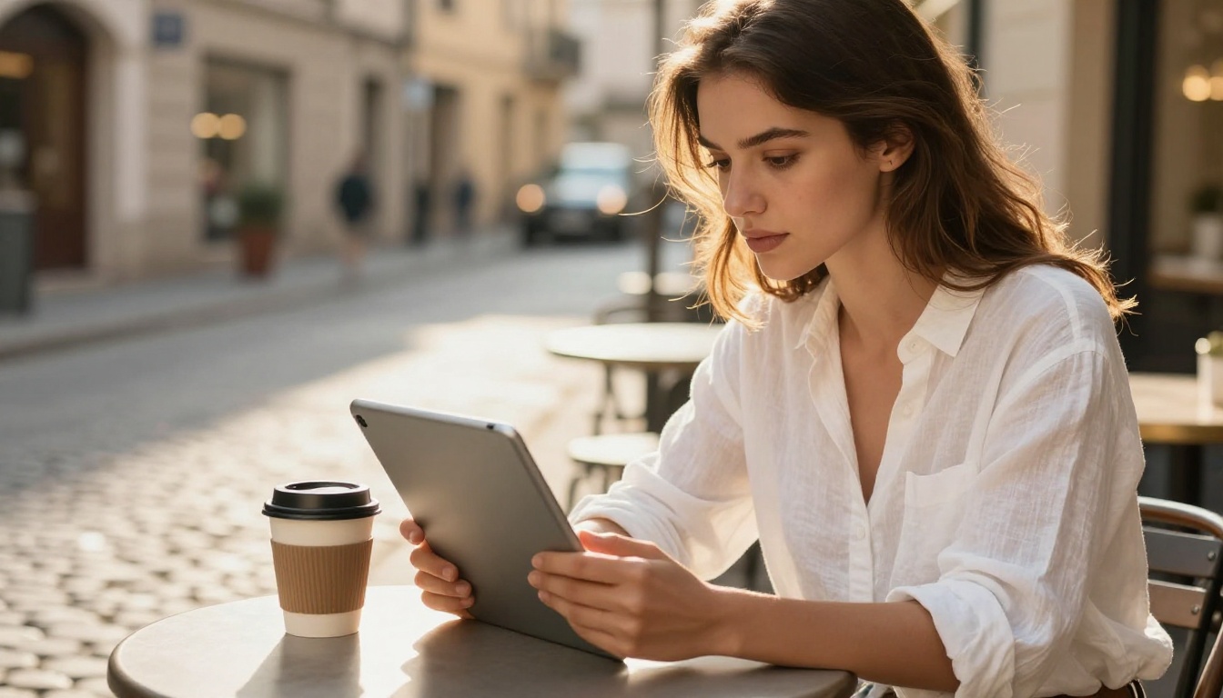 Woman at outdoor cafe looking at tablet with golden afternoon light