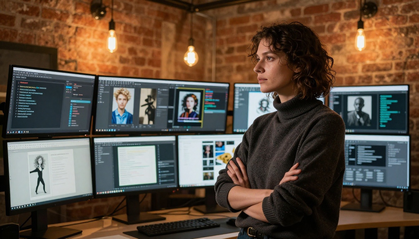 Creative professional at standing desk with dual monitors in warm loft studio