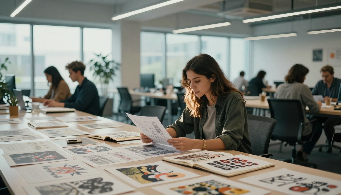 Young woman in co-working space examining printed artwork in natural daylight