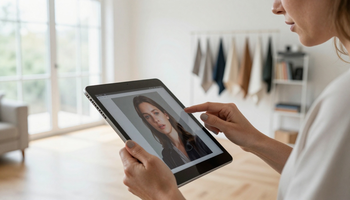 Creative professional reviewing AI-generated images on a tablet in a bright studio Creative professional reviewing AI-generated images on a tablet in a bright studio