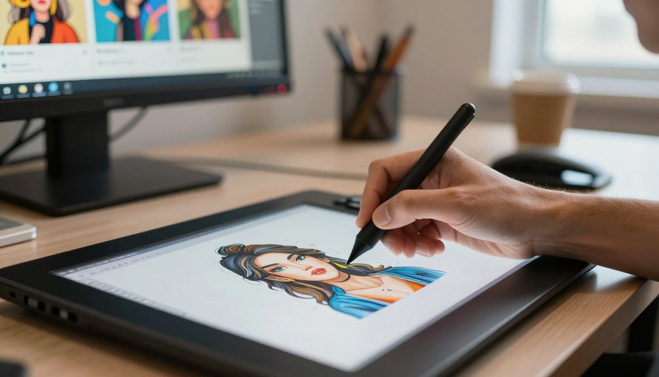 Graphic designer's hands working with stylus on tablet in professional agency setting Graphic designer's hands working with stylus on tablet in professional agency setting