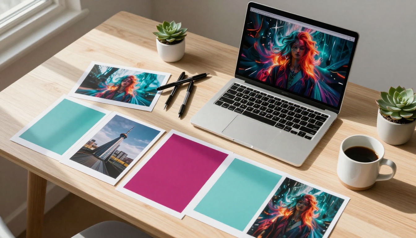 Overhead flat-lay of creative professional workspace with color swatches, printed AI images, and coffee Overhead flat-lay of creative professional workspace with color swatches, printed AI images, and coffee