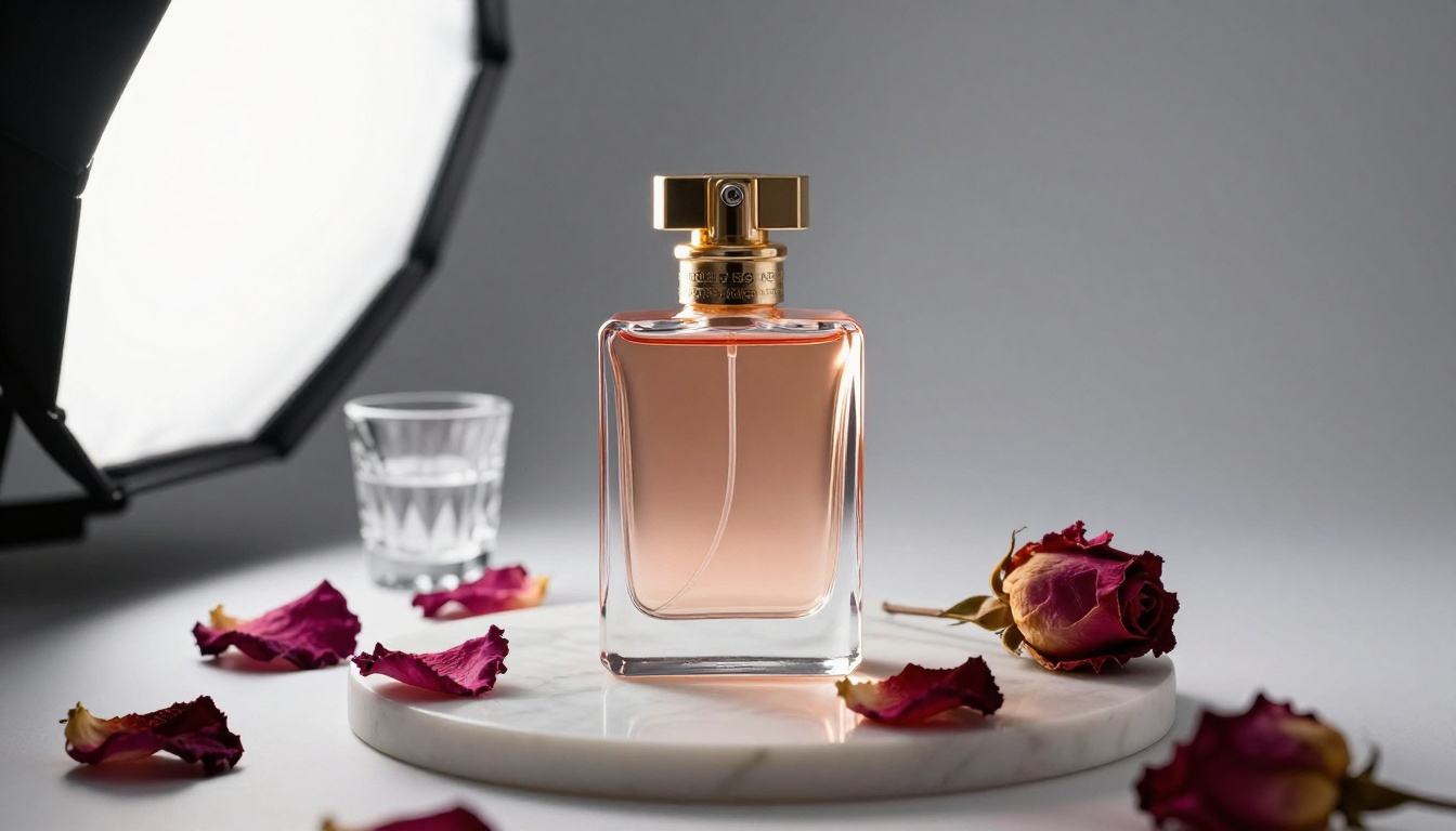 Luxury perfume bottle on marble with professional side lighting and rose petal details Luxury perfume bottle on marble with professional side lighting and rose petal details