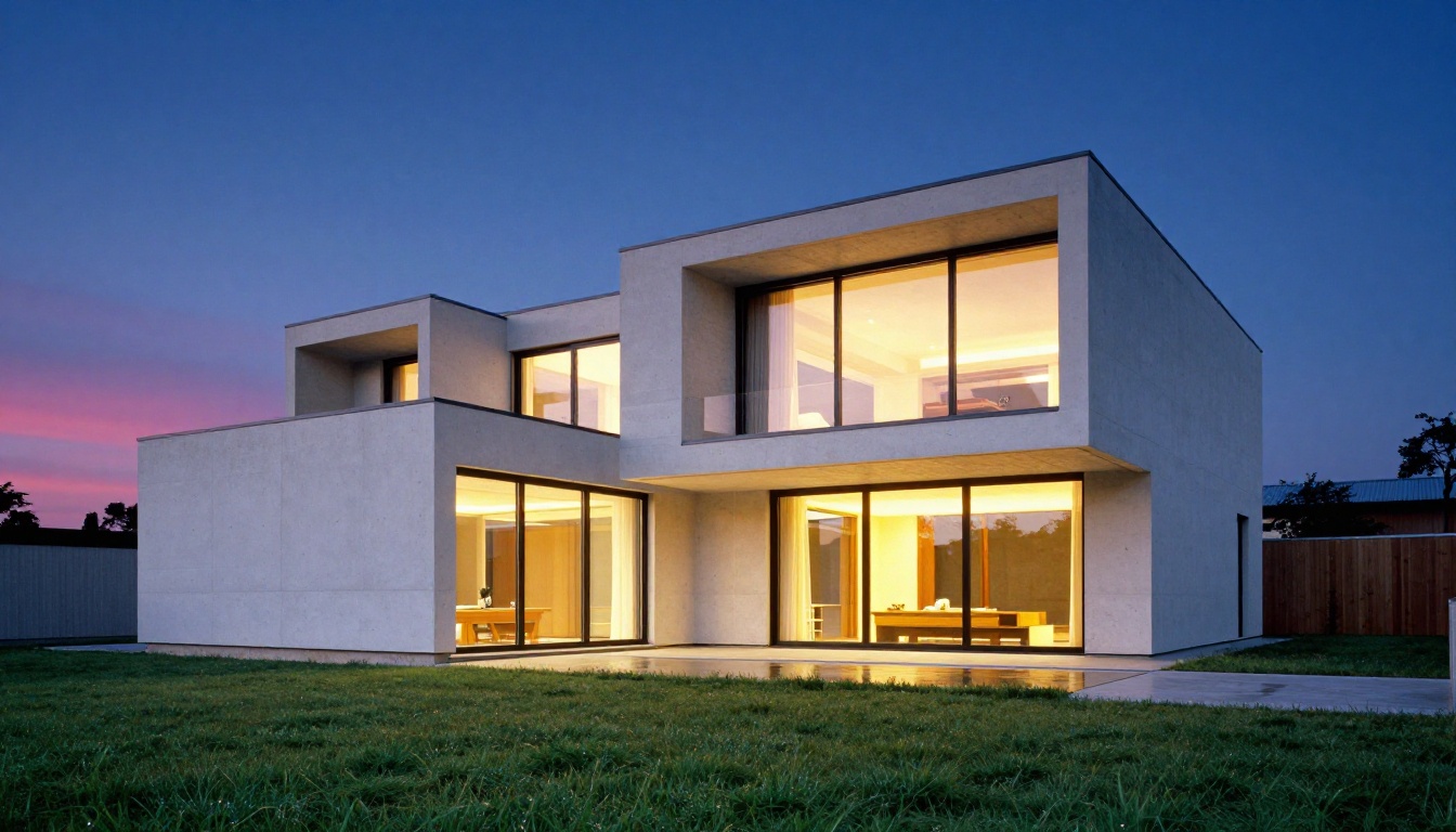 Contemporary Bauhaus villa exterior at dusk with warm interior glow against deep blue twilight sky