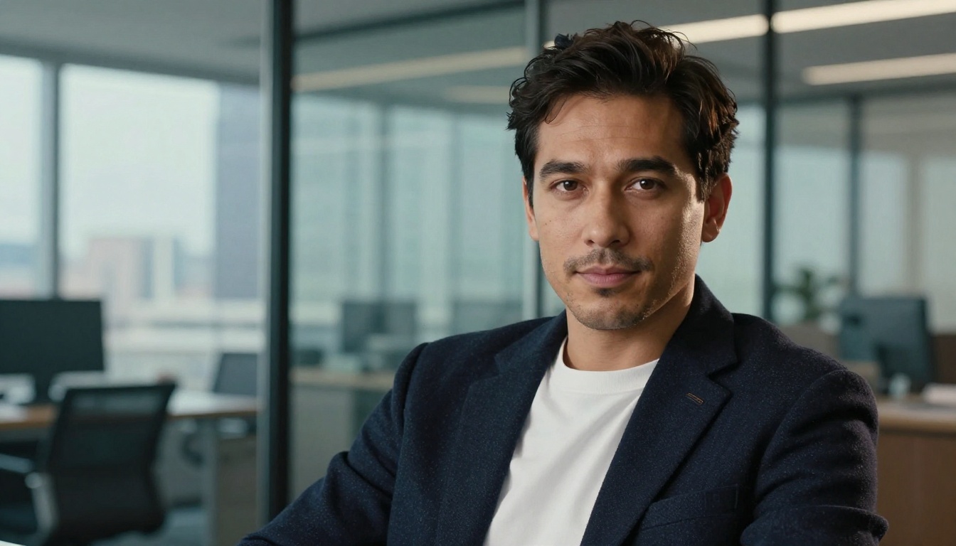 Confident male entrepreneur in Rembrandt lighting seated in glass-walled office with city skyline