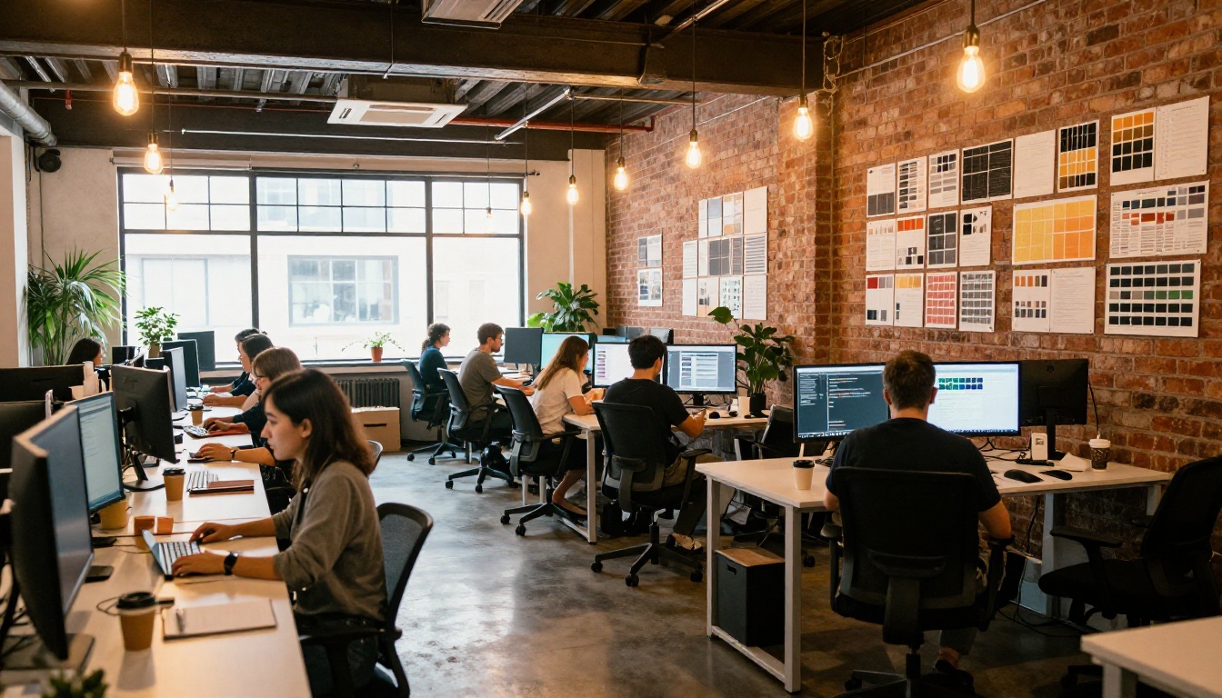 Wide-angle creative agency office with designers at standing desks, mood boards on brick wall, Edison lighting