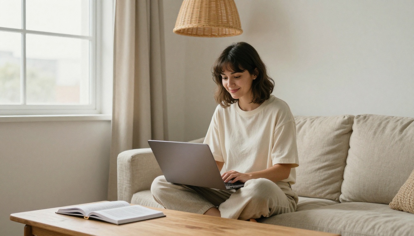 Young creative professional woman on linen sofa working on laptop in bright Japandi-style living space