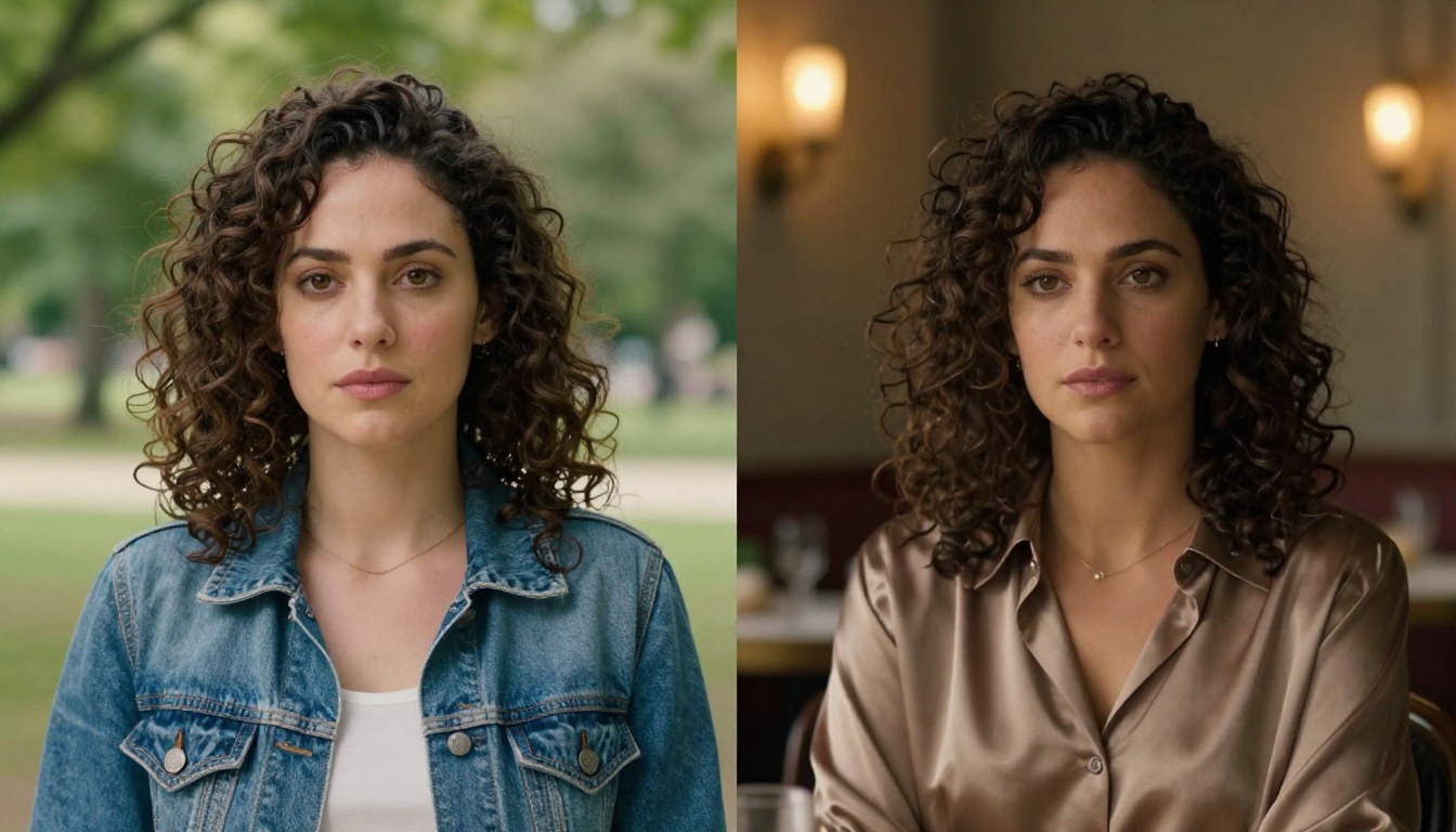 Same woman appearing in two different settings with identical facial features showing character consistency