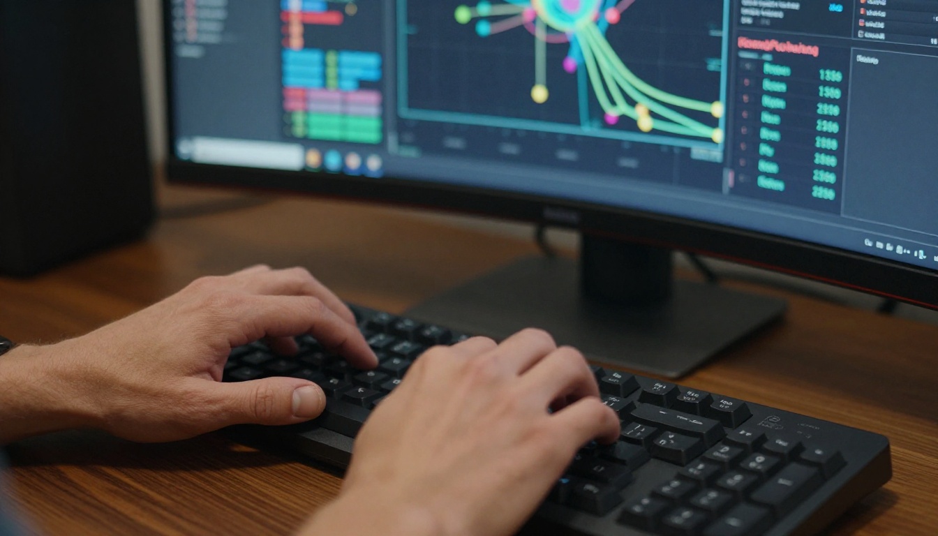 A researcher's hands typing on a mechanical keyboard with neural network data visualizations on the monitor behind