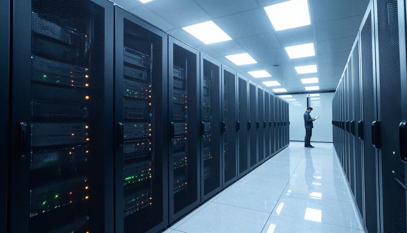 Wide-angle view of a state-of-the-art server room with rows of black server racks and a single technician in the background