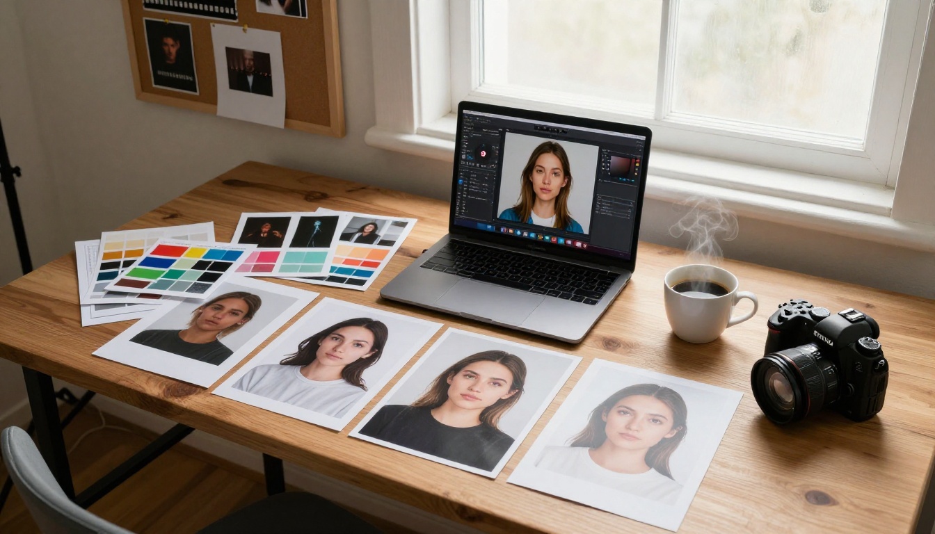 Creative director workspace with portrait reference prints, contact sheets, and photography equipment arranged on a warm wooden desk
