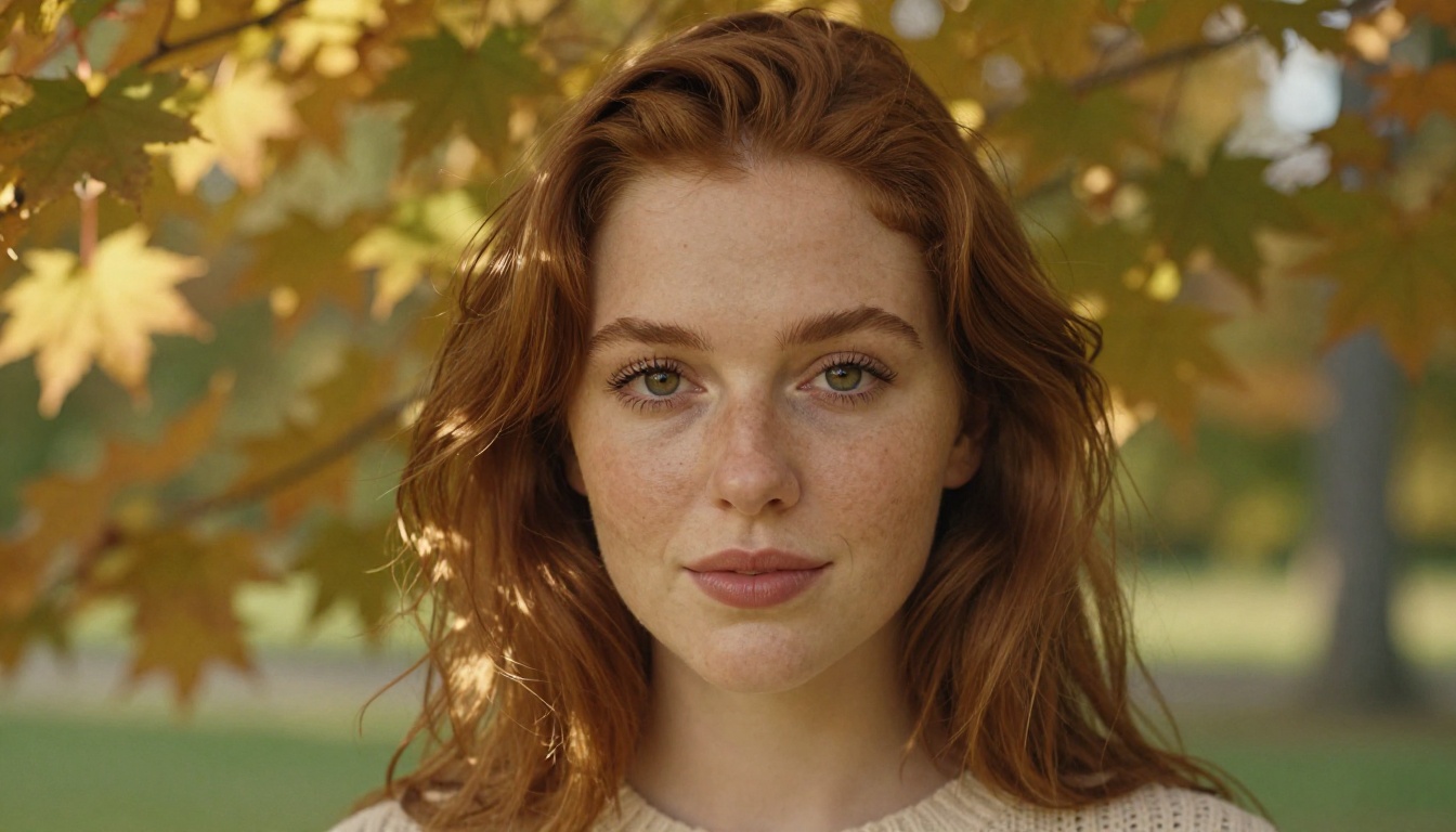 Portrait of a young woman with natural freckles and hazel eyes standing in dappled autumn morning light