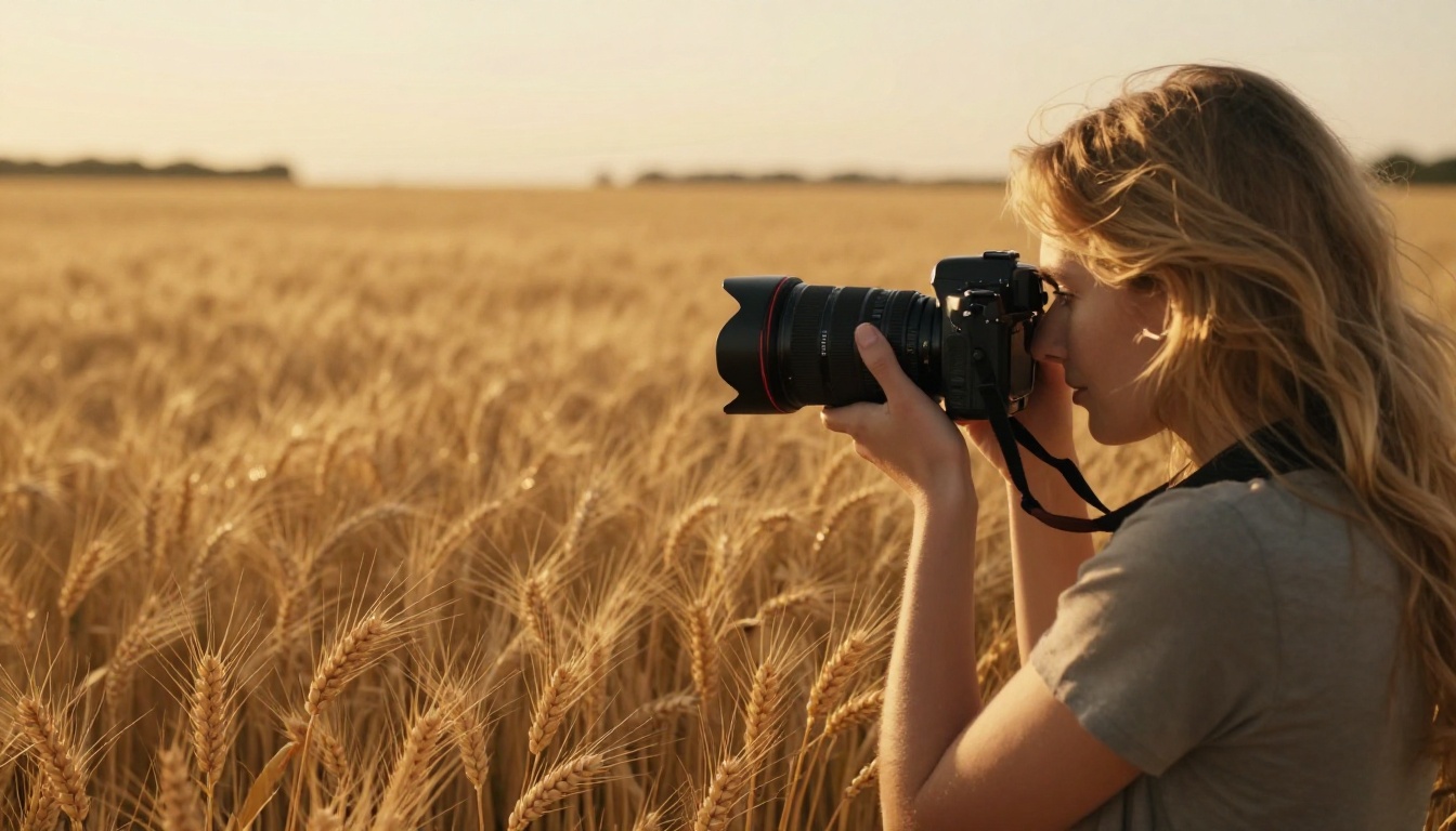 Professional photographer capturing a portrait subject during golden hour in an amber wheat field
