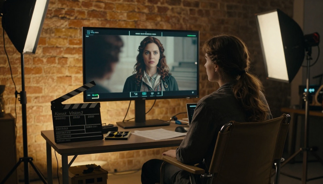 Independent film director sitting on set reviewing footage on a monitor while an actress is visible in the background