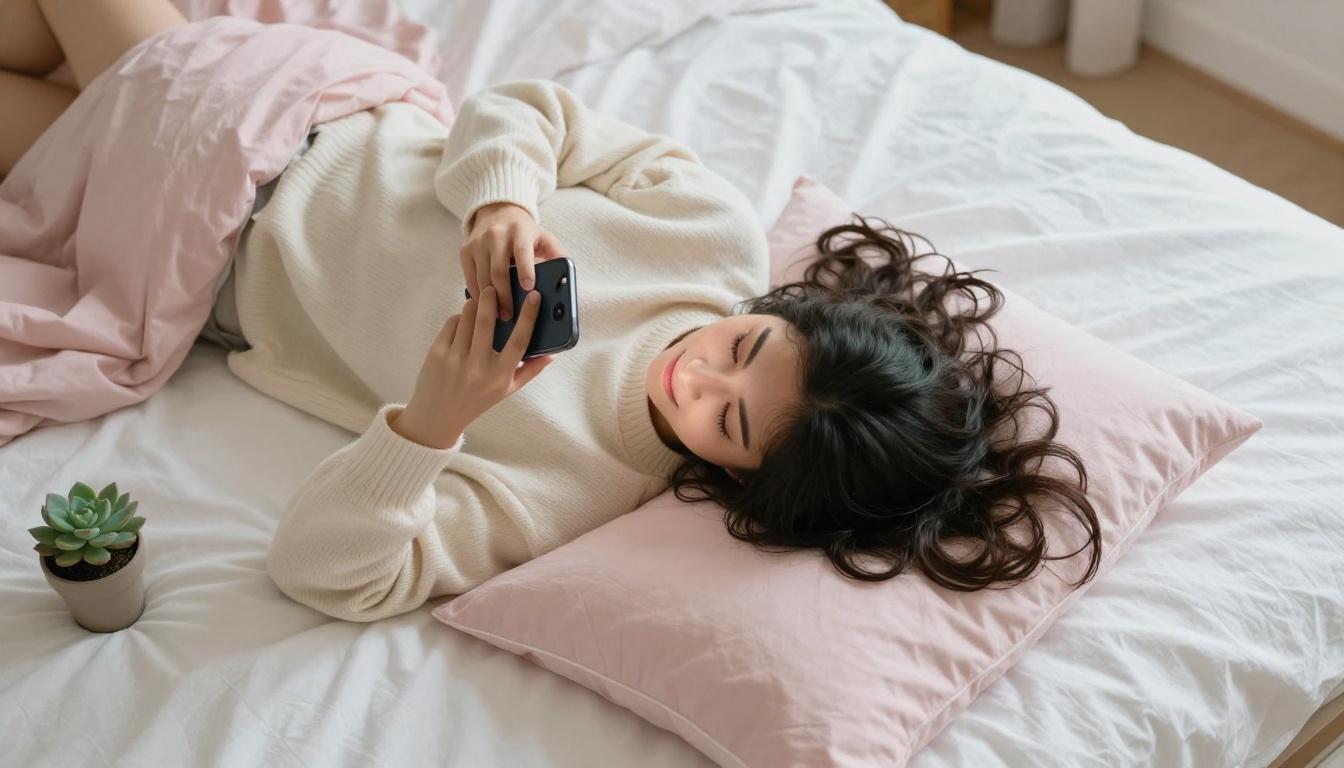 Young woman content creator lying on a bed using her phone in a soft morning light lifestyle scene
