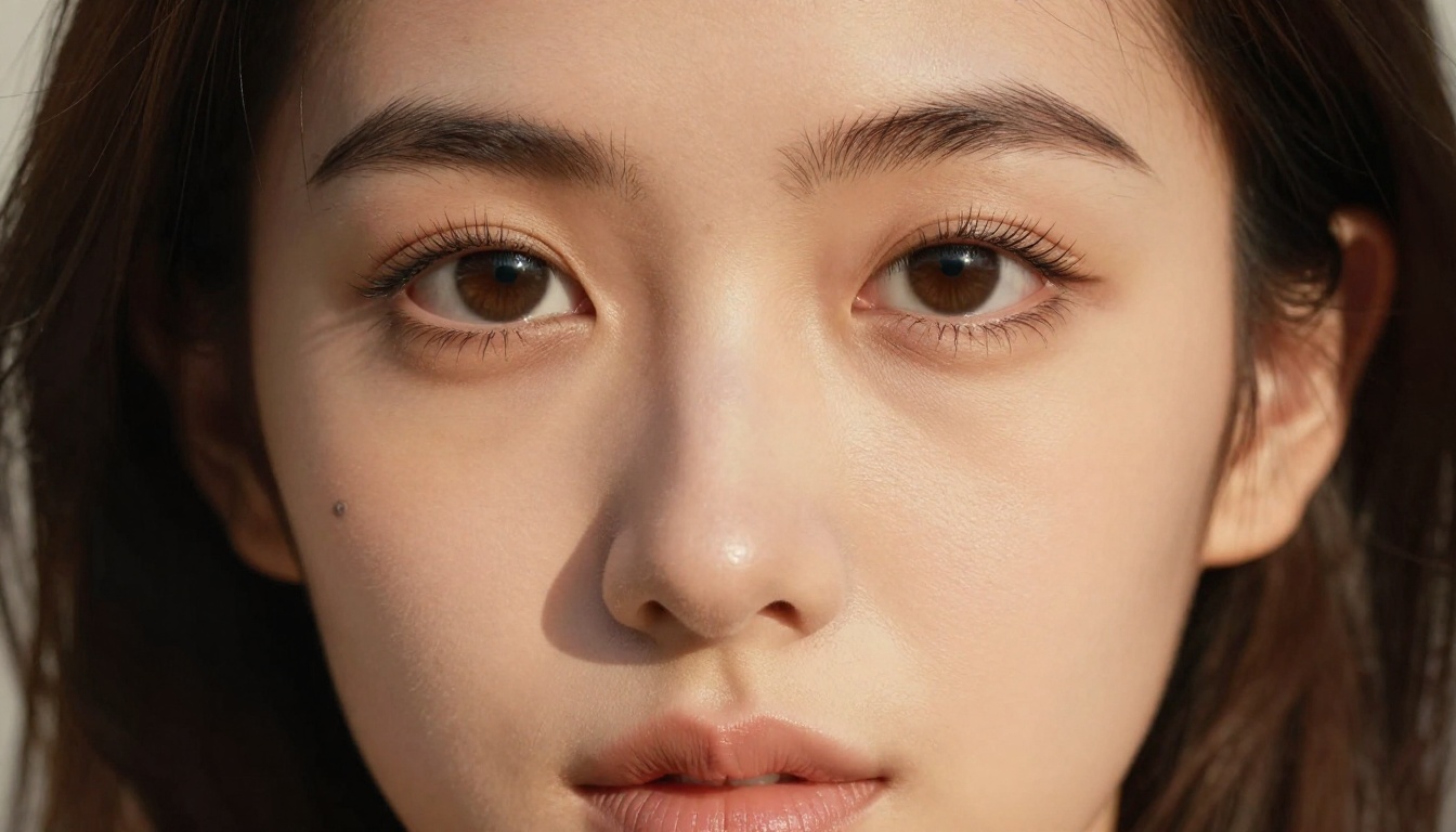 Extreme close-up portrait of a woman with olive skin showing fine facial texture and natural pores under Rembrandt lighting
