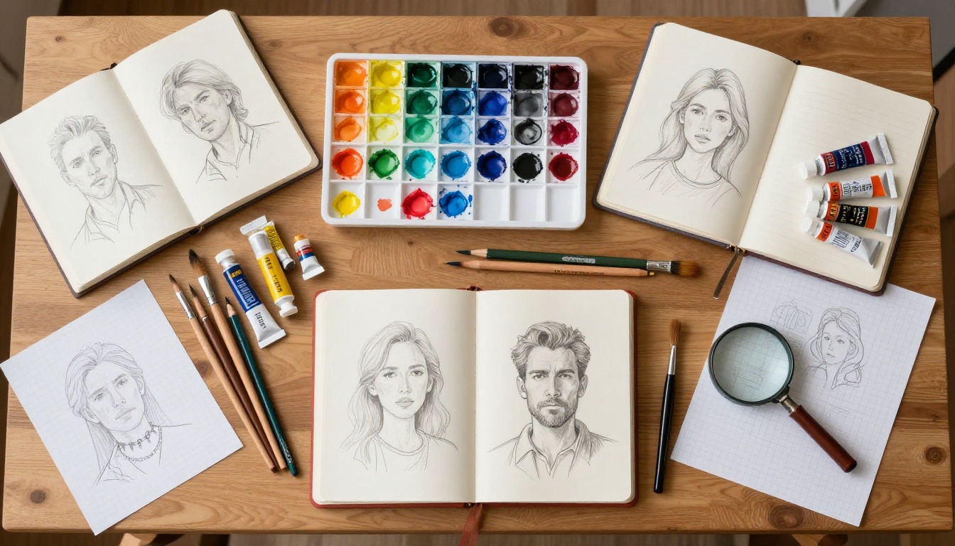 Flat-lay aerial view of an artist's desk covered with watercolor brushes, sketchbooks, oil paint tubes, and colored pencils