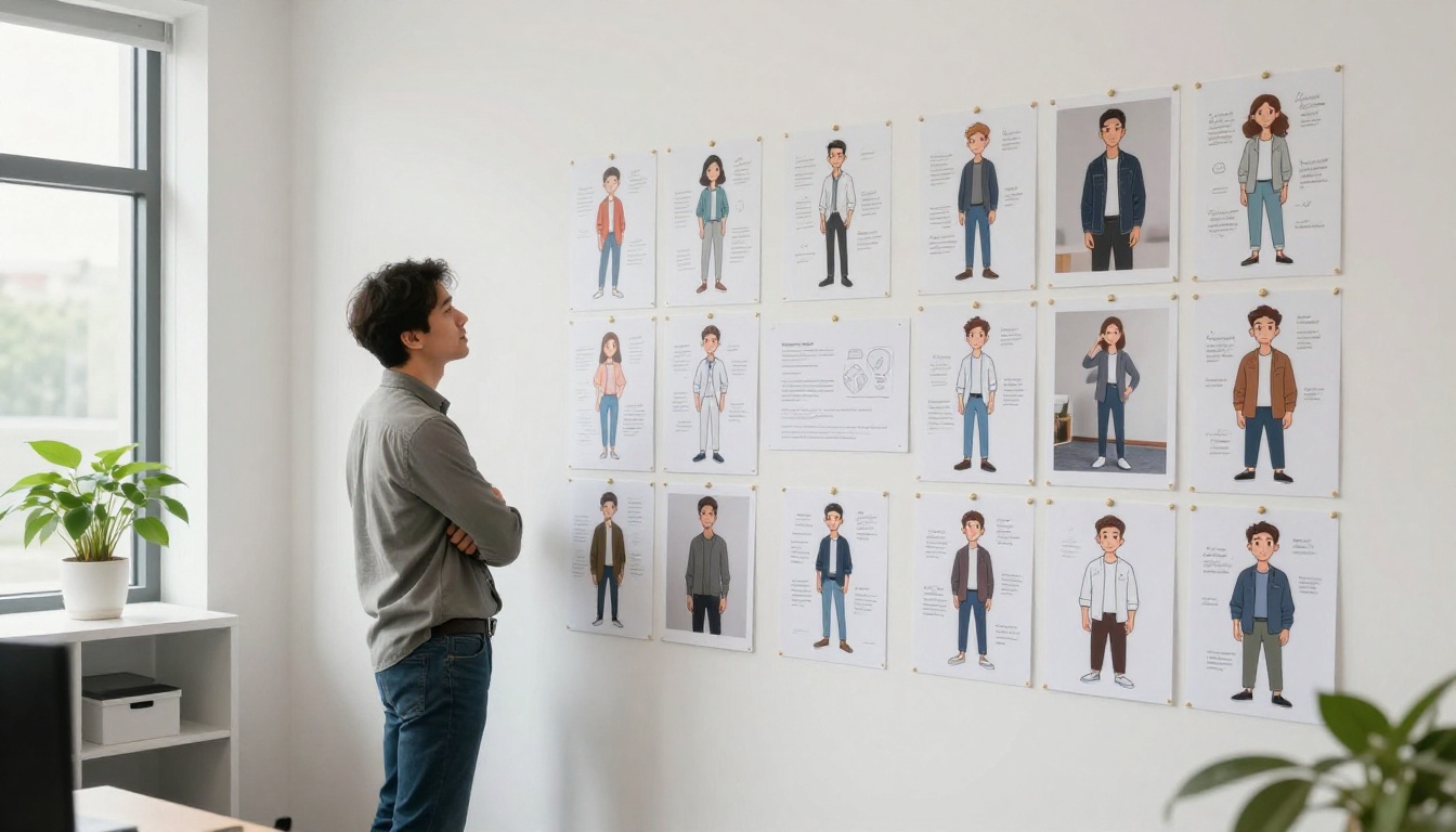 Creative professional reviewing a brand character mood board on an office wall showing multiple character variations