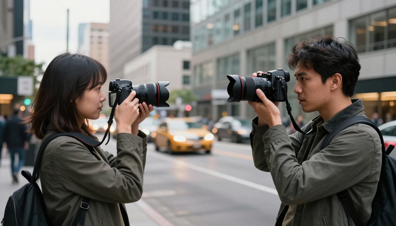 Two professional photographers on a busy city street, one reviewing images on a camera screen and one raising the camera to eye level