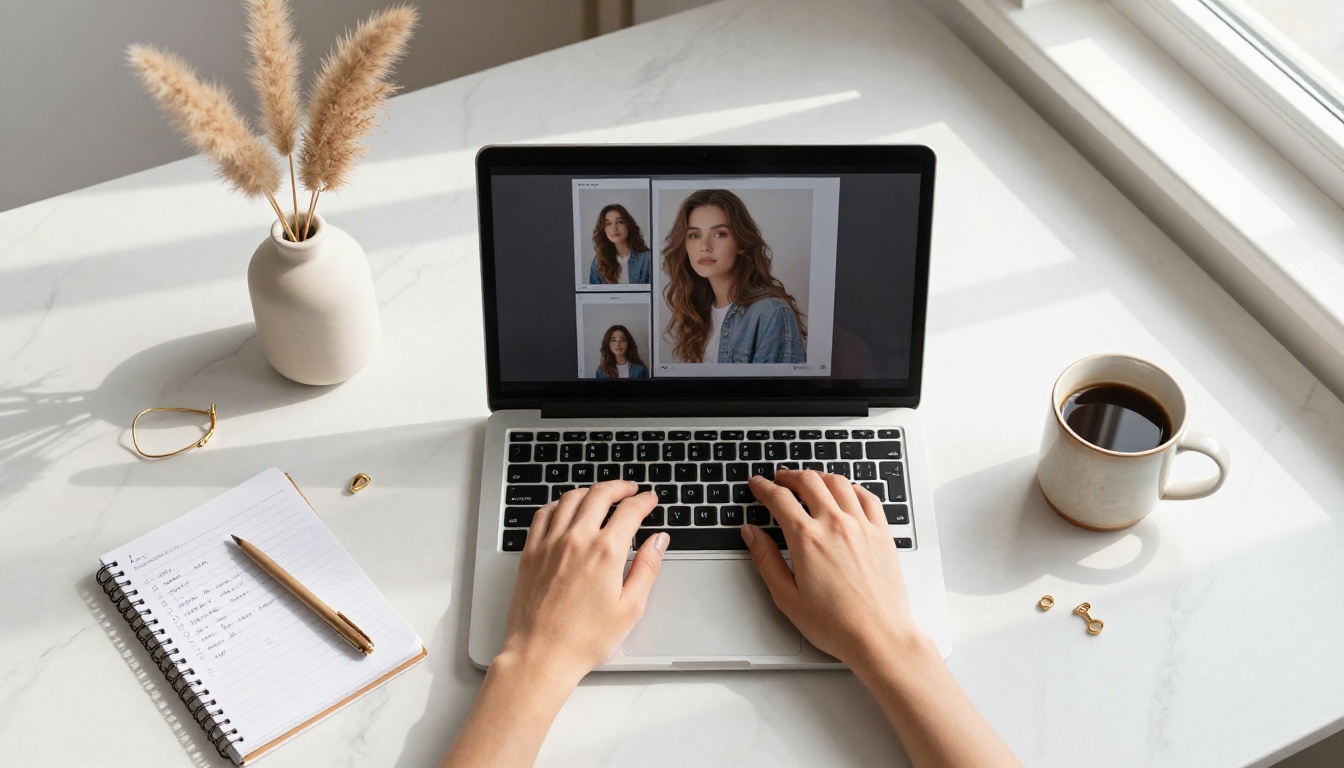 Social media content creation flat lay with laptop, coffee, notebook, and portrait prints on a marble desk
