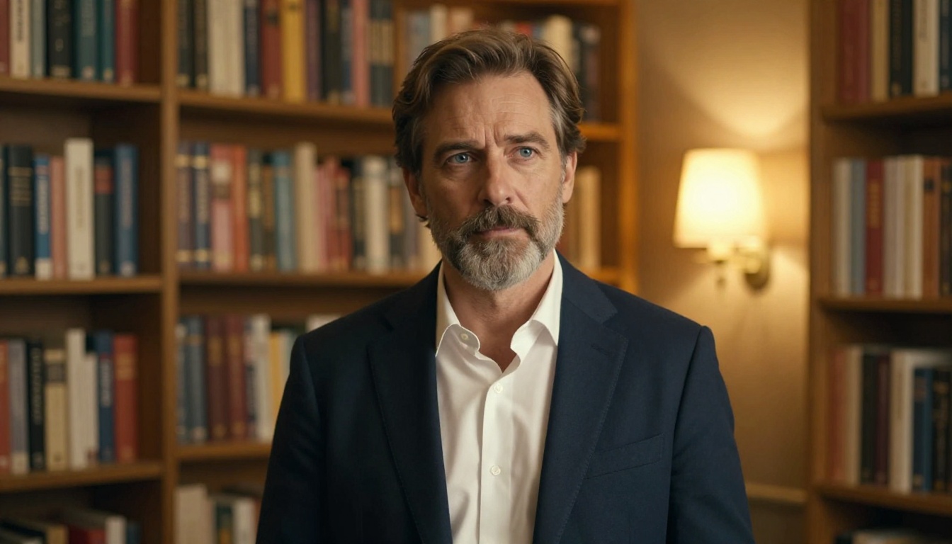 Cinematic three-quarter portrait of a distinguished middle-aged man with silver beard in warm amber bookshop lighting
