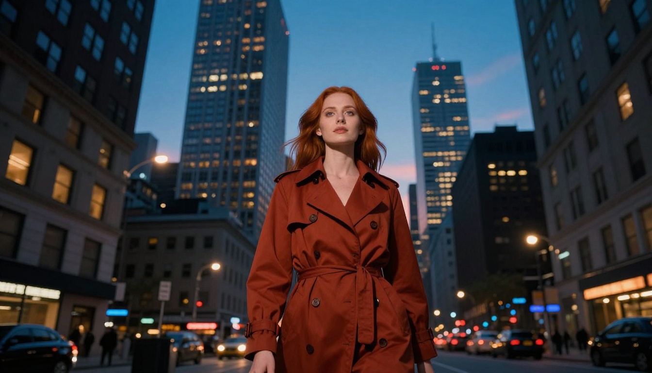 Confident young woman with red hair standing on a city sidewalk at dusk with skyscrapers rising behind her at blue hour