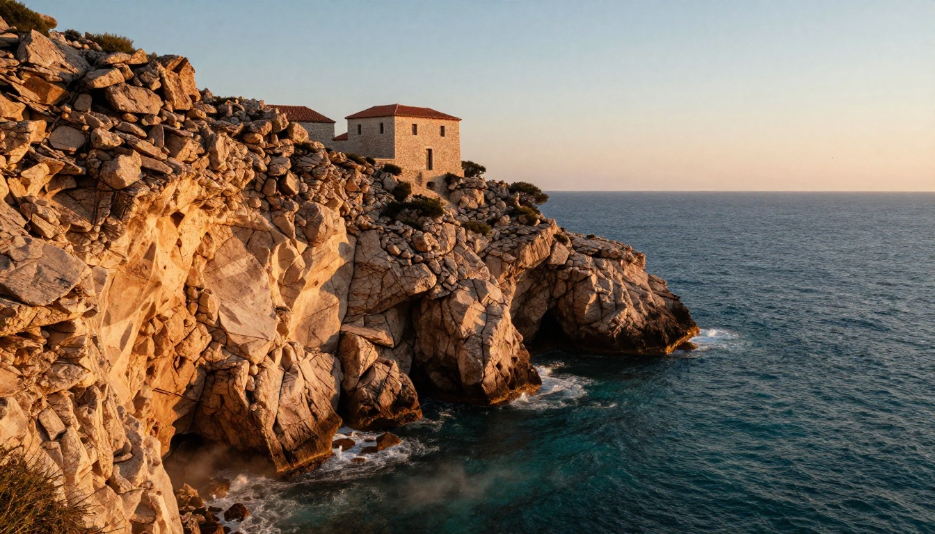 Sweeping wide-angle view of a dramatic rocky coastal cliff at golden hour with a whitewashed Mediterranean building and turquoise sea
