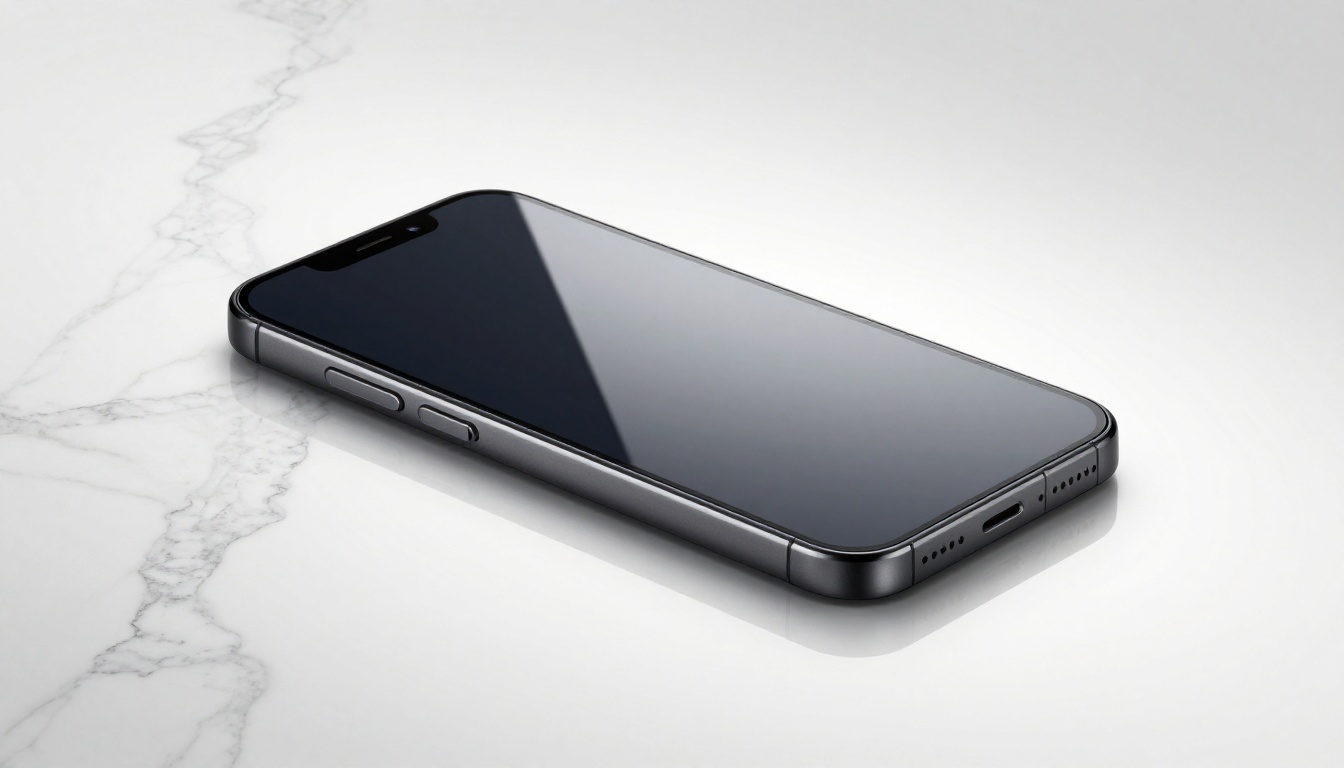 Minimalist product photography of a sleek matte black smartphone resting on polished white Carrara marble