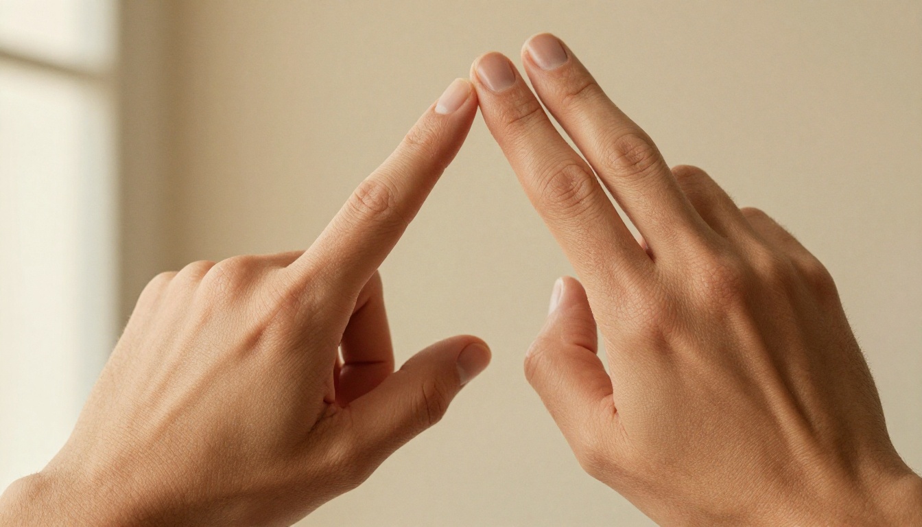 Close-up macro of two hands with fingers nearly touching against a warm beige backdrop, showing hyperrealistic natural skin texture