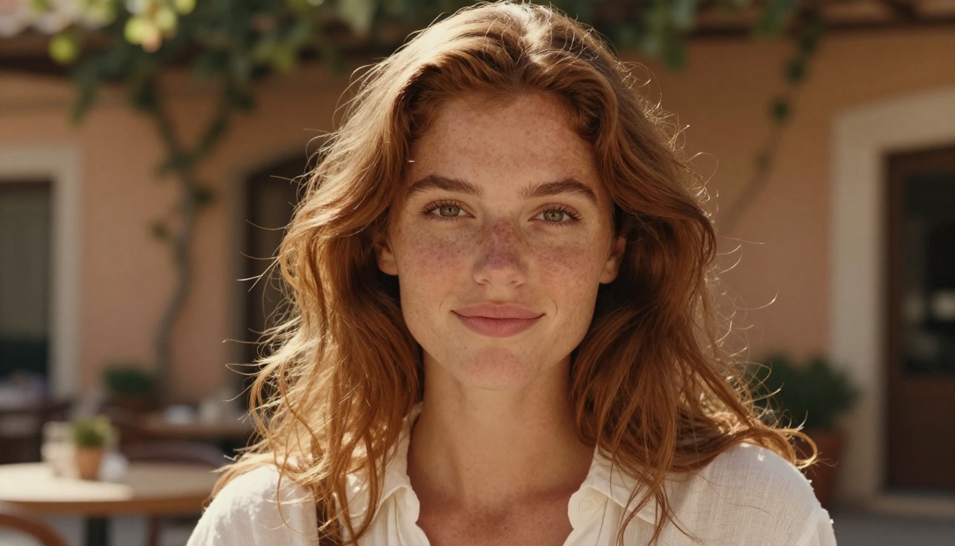 Photorealistic portrait of a young woman with natural freckles and auburn hair at a sunlit European cafe terrace