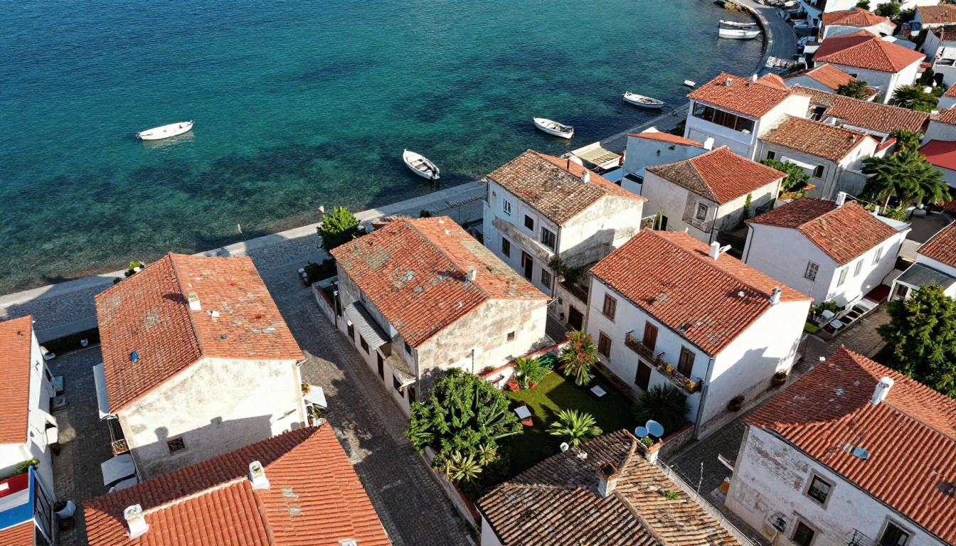 Aerial drone photograph looking down at a Mediterranean coastal town with terracotta rooftops and turquoise harbor