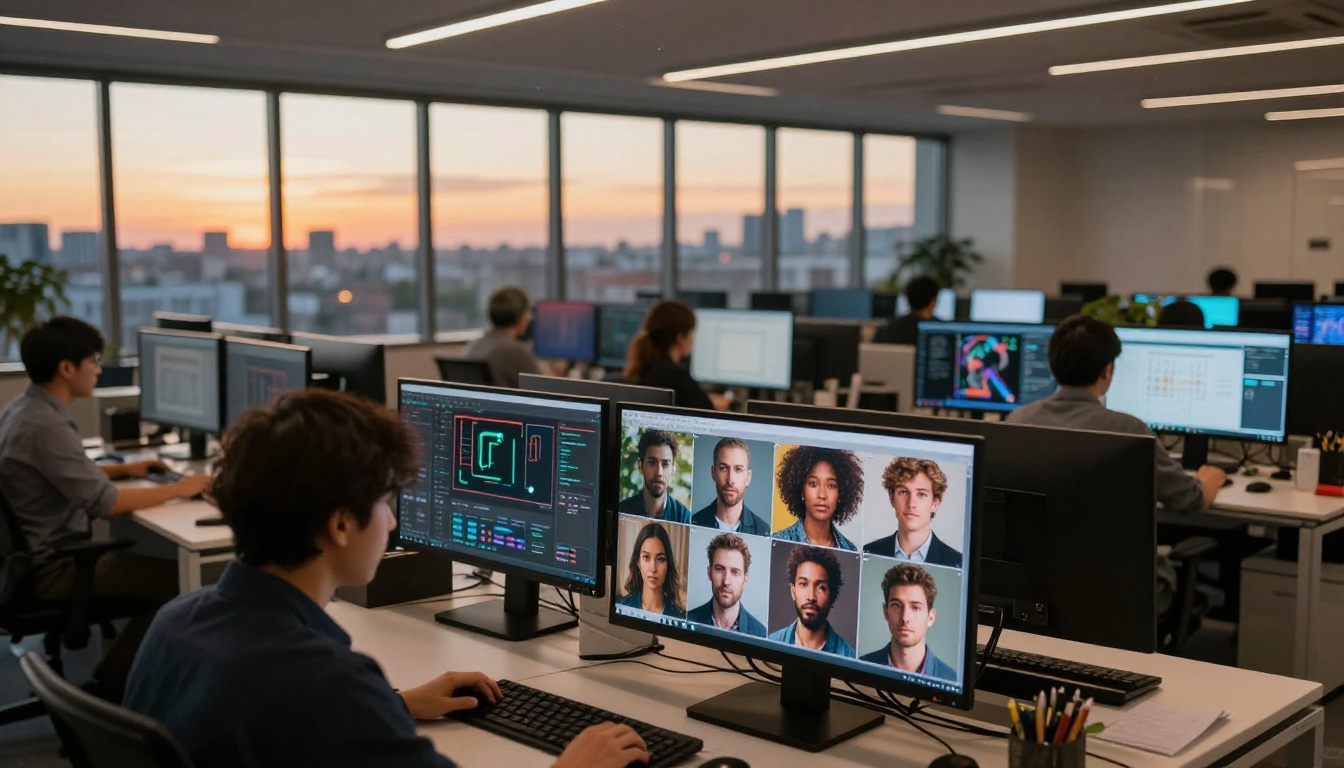 Wide shot of a modern technology office at dusk with monitors showing AI-generated portrait grids