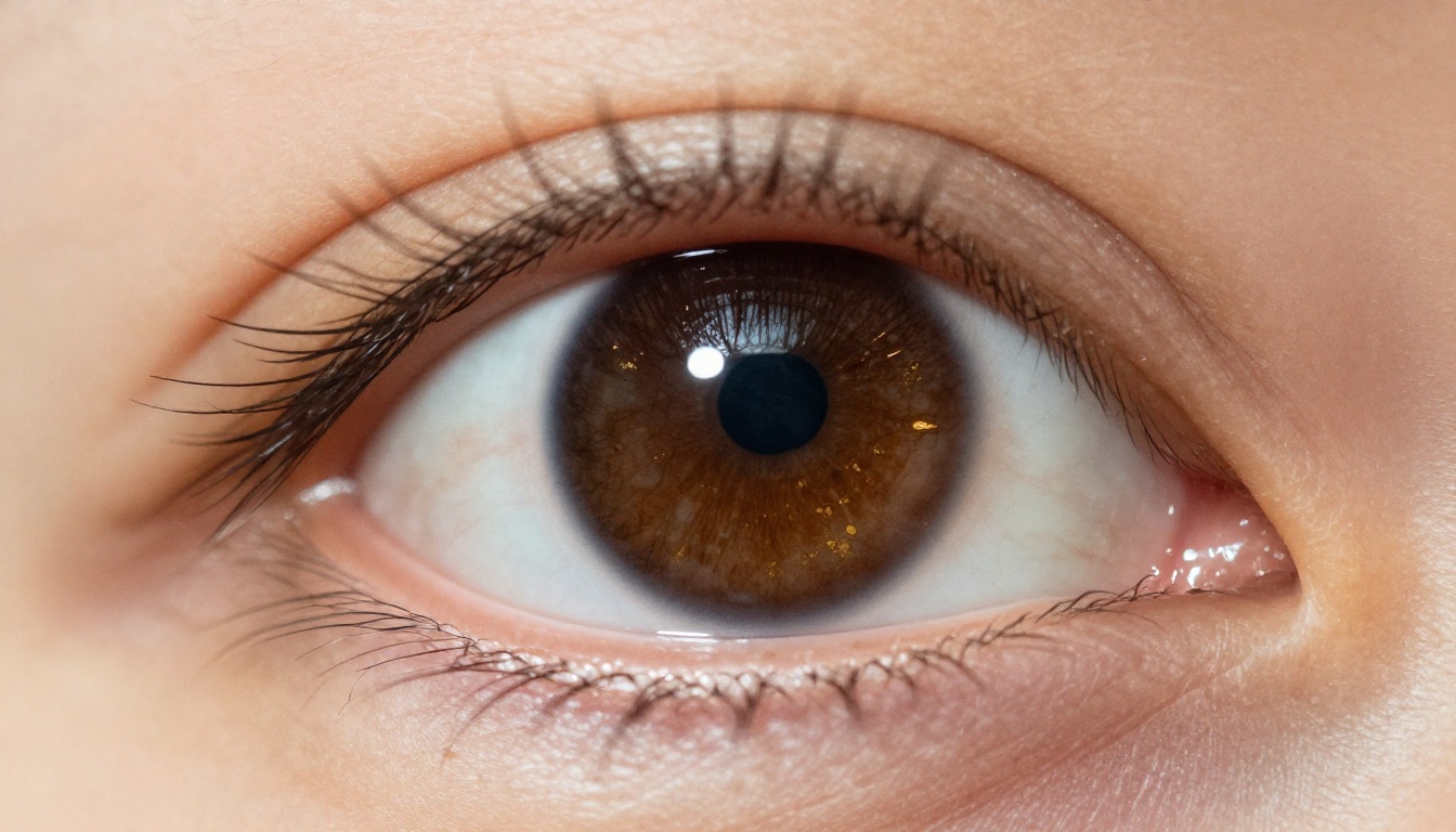 Extreme close-up macro photograph of a dark brown human eye with golden iris flecks and sharp individual eyelashes