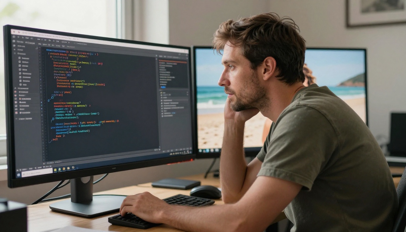 Graphic designer leaning forward studying AI-generated portrait outputs across two large side-by-side monitors