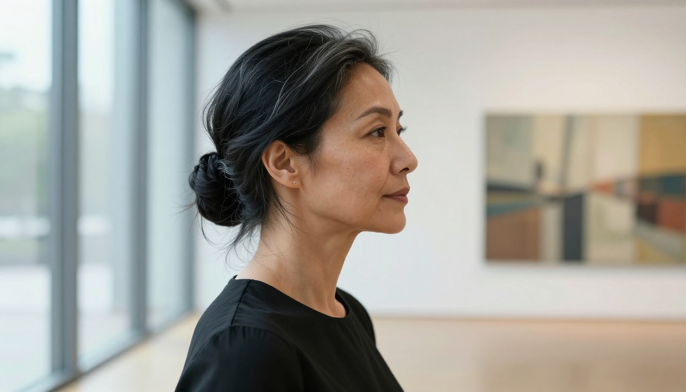 Side profile portrait of an elegant woman with silver-streaked hair standing near gallery windows with soft diffused daylight