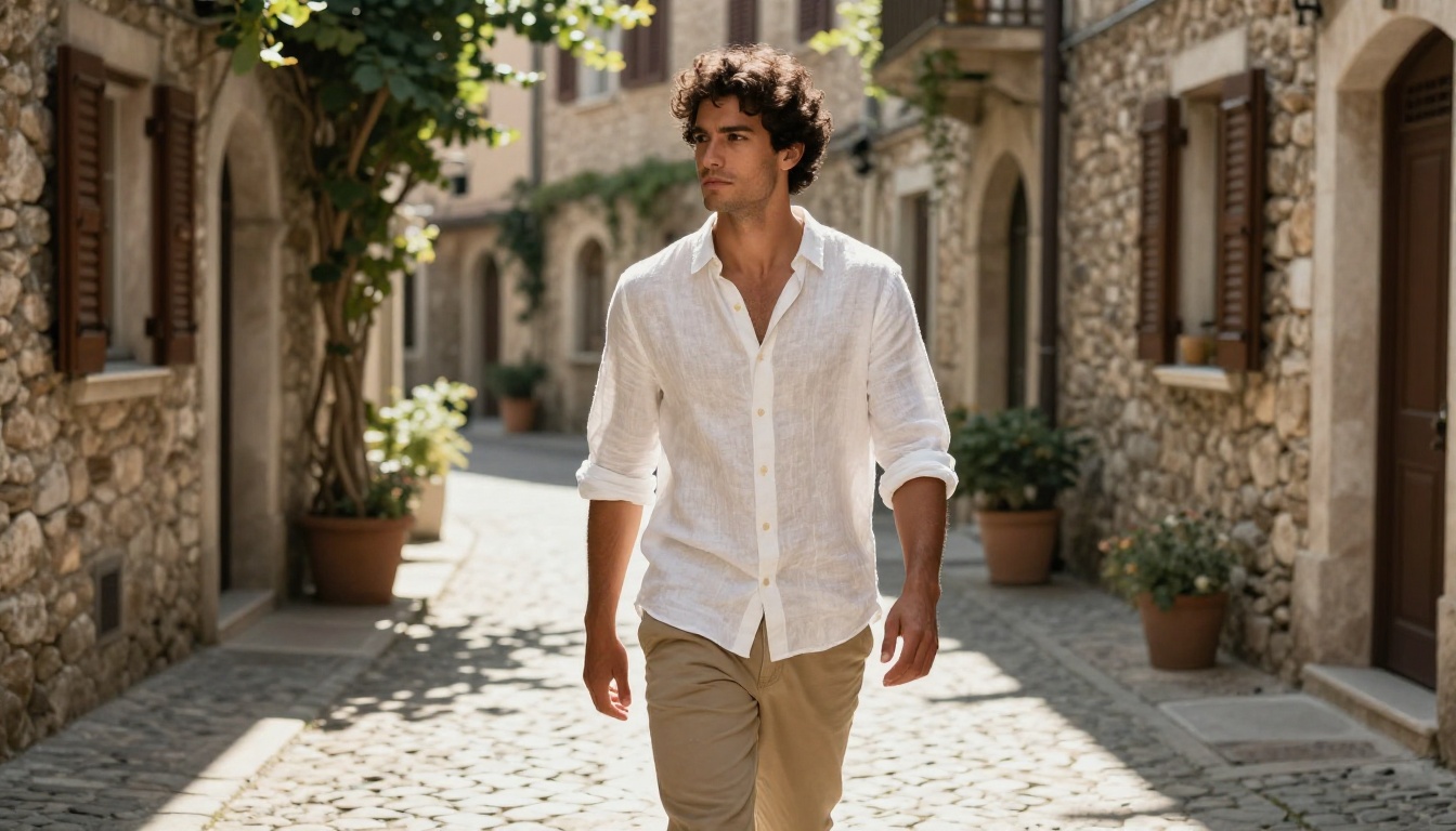 Athletic young man walking confidently through a sunlit European cobblestone alleyway with ivy-covered stone walls