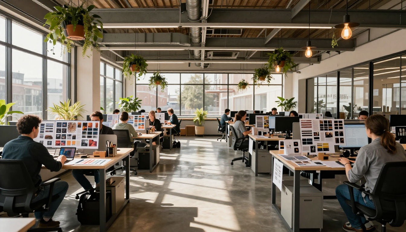 Modern advertising agency team working on visual campaigns Modern advertising agency team working on visual campaigns
