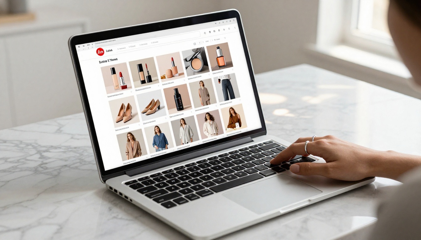 Designer working on laptop with AI-generated product photography interface Designer working on laptop with AI-generated product photography interface