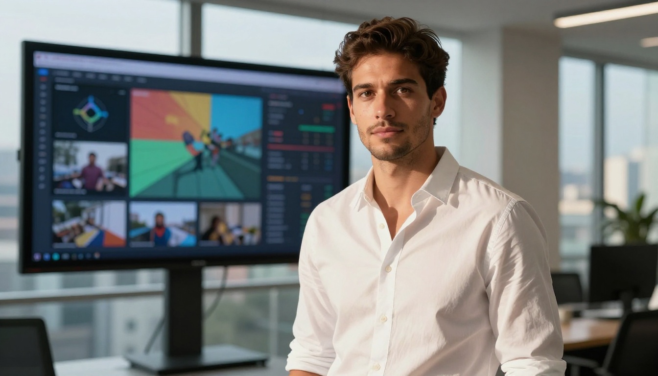 Confident creative entrepreneur using AI image platform in modern co-working space Confident creative entrepreneur using AI image platform in modern co-working space