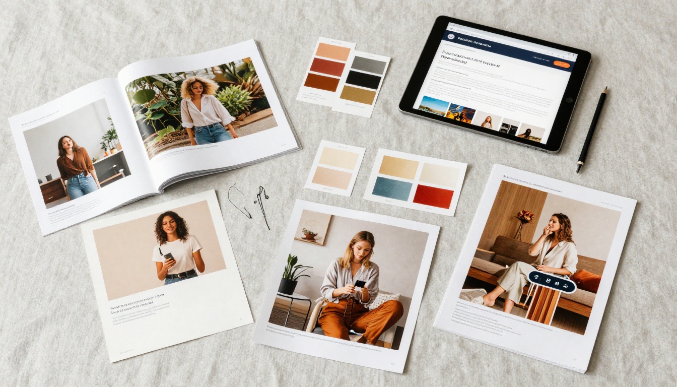 Flat-lay of creative brand assets and AI-generated content materials