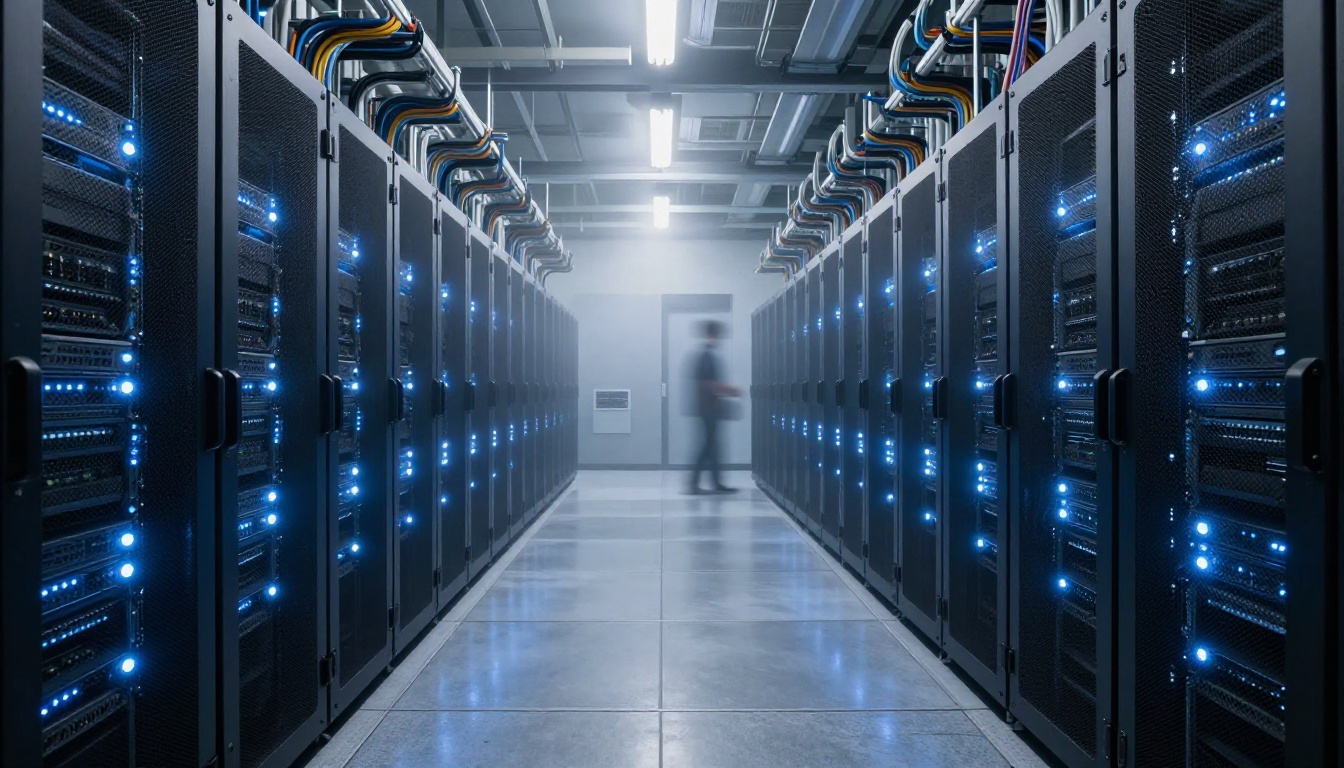 Modern AI data center with illuminated server racks