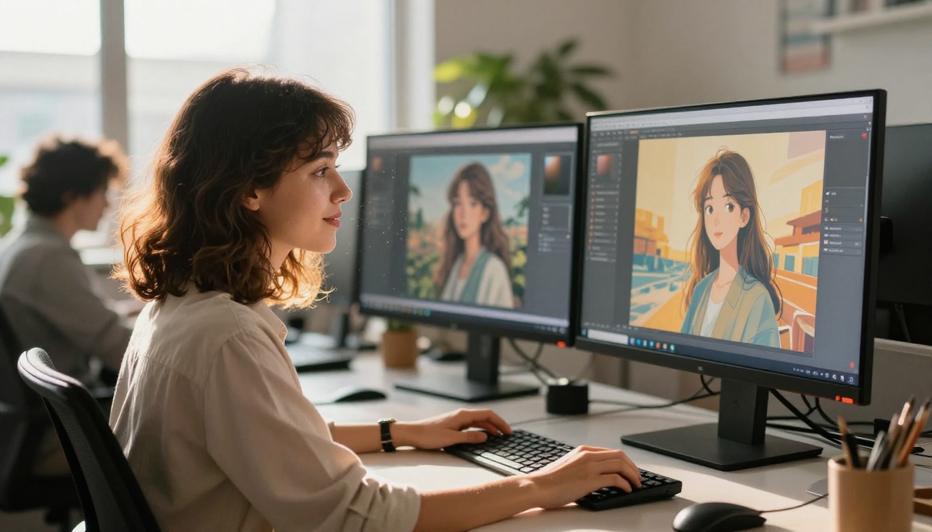 Creative director studying AI-generated art at studio workstation