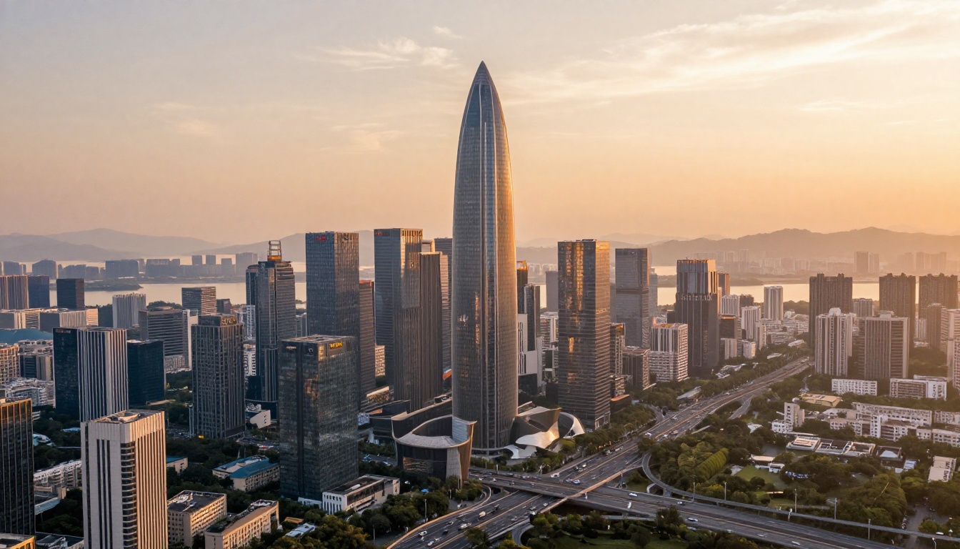 Aerial view of Shenzhen tech district at golden hour