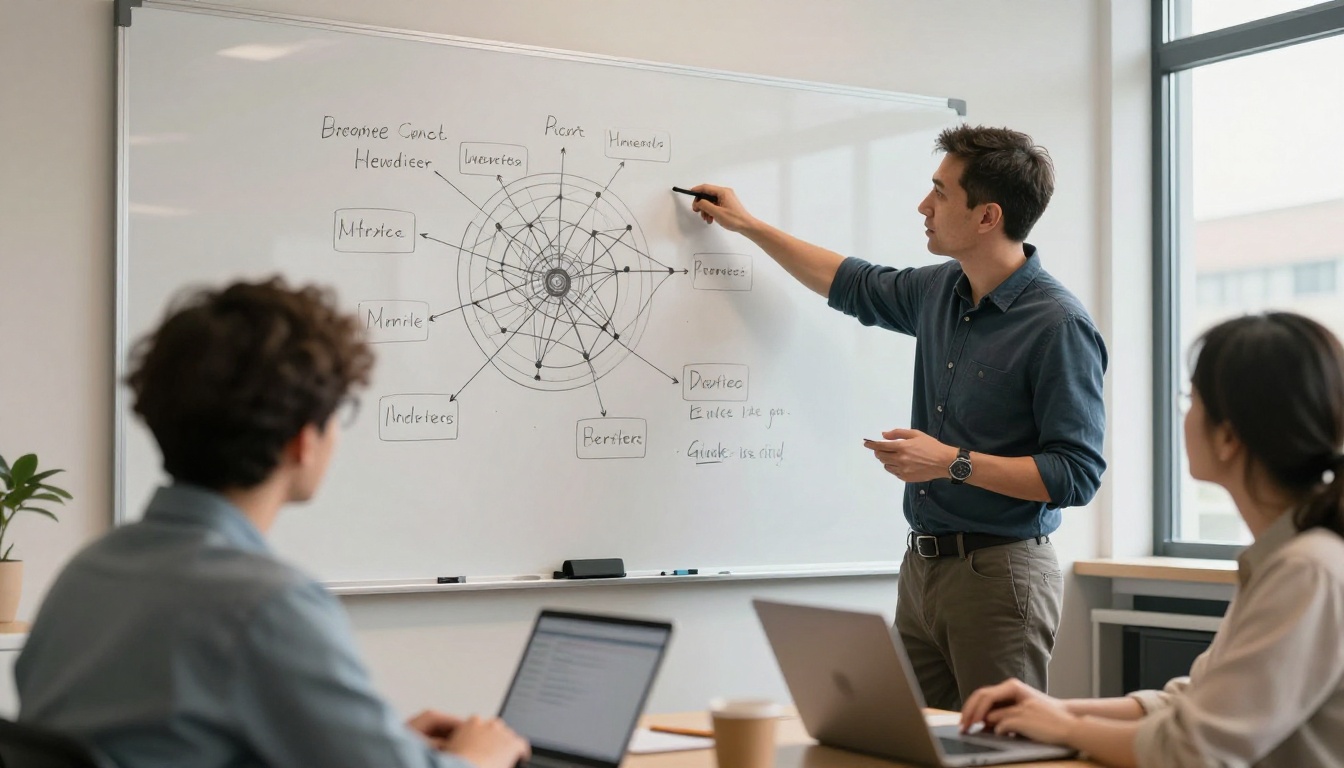 Engineering team reviewing neural network architecture on whiteboard