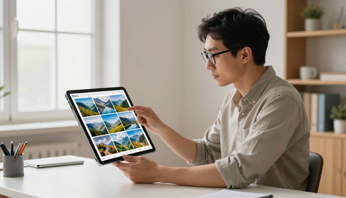 Software engineer comparing AI-generated images on tablet at desk