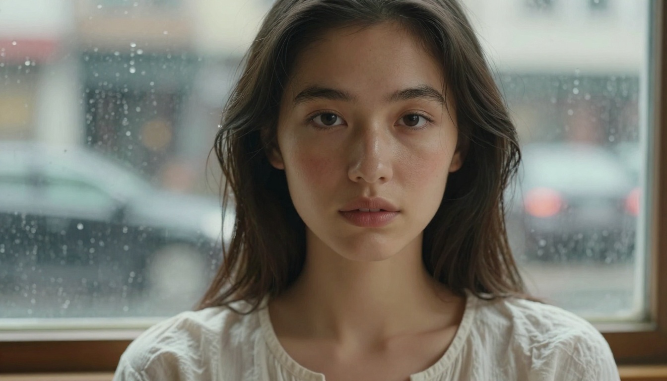 Portrait of a woman by a rainy window, photorealistic AI-generated image showing skin texture and natural light