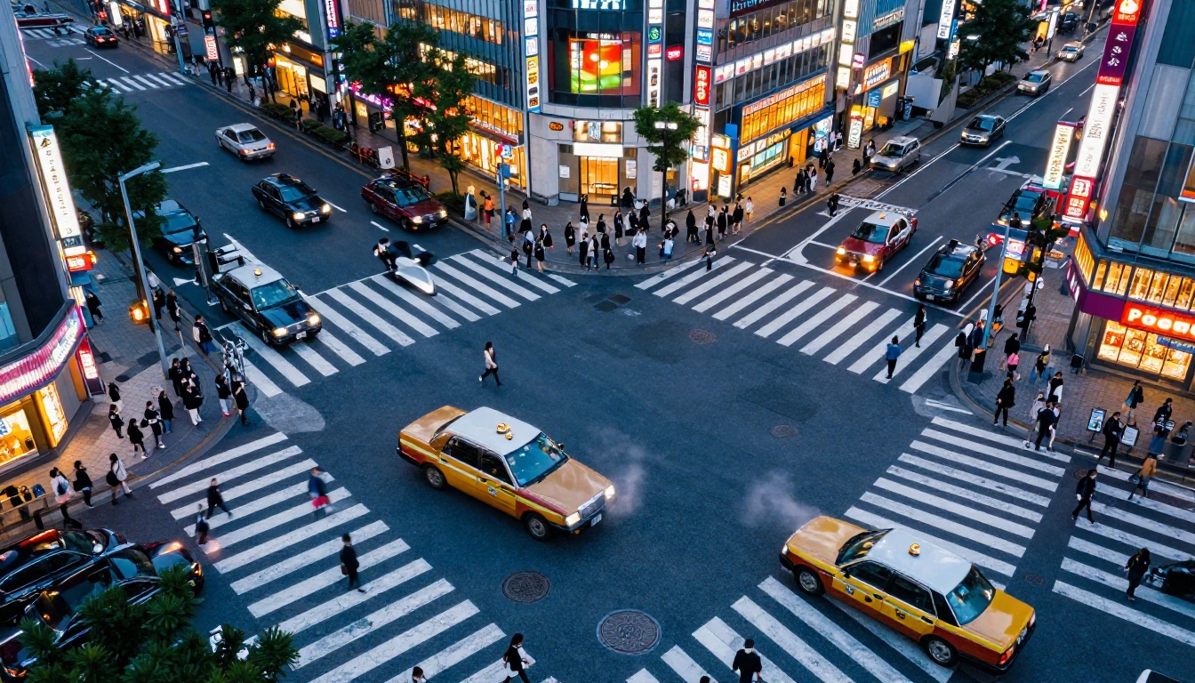 Aerial drone view of Tokyo intersection at dusk with photorealistic detail and wet asphalt reflections