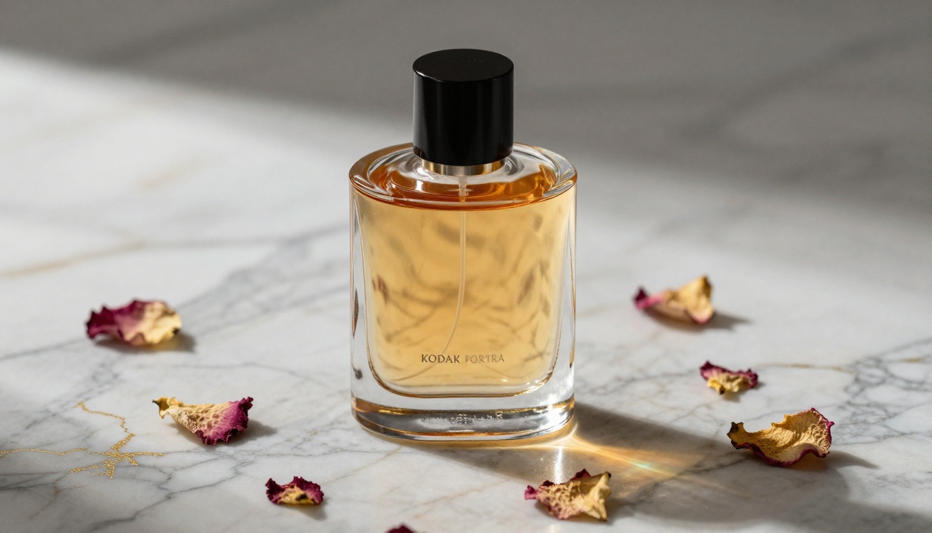 Product photography showing luxury perfume bottle on marble with realistic light caustics and rose petals