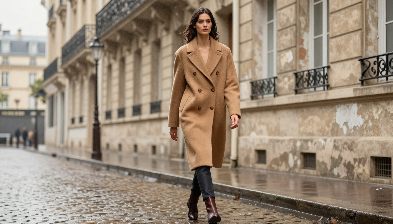 Fashion model walking Paris cobblestone street in rain, photorealistic 8K editorial photography